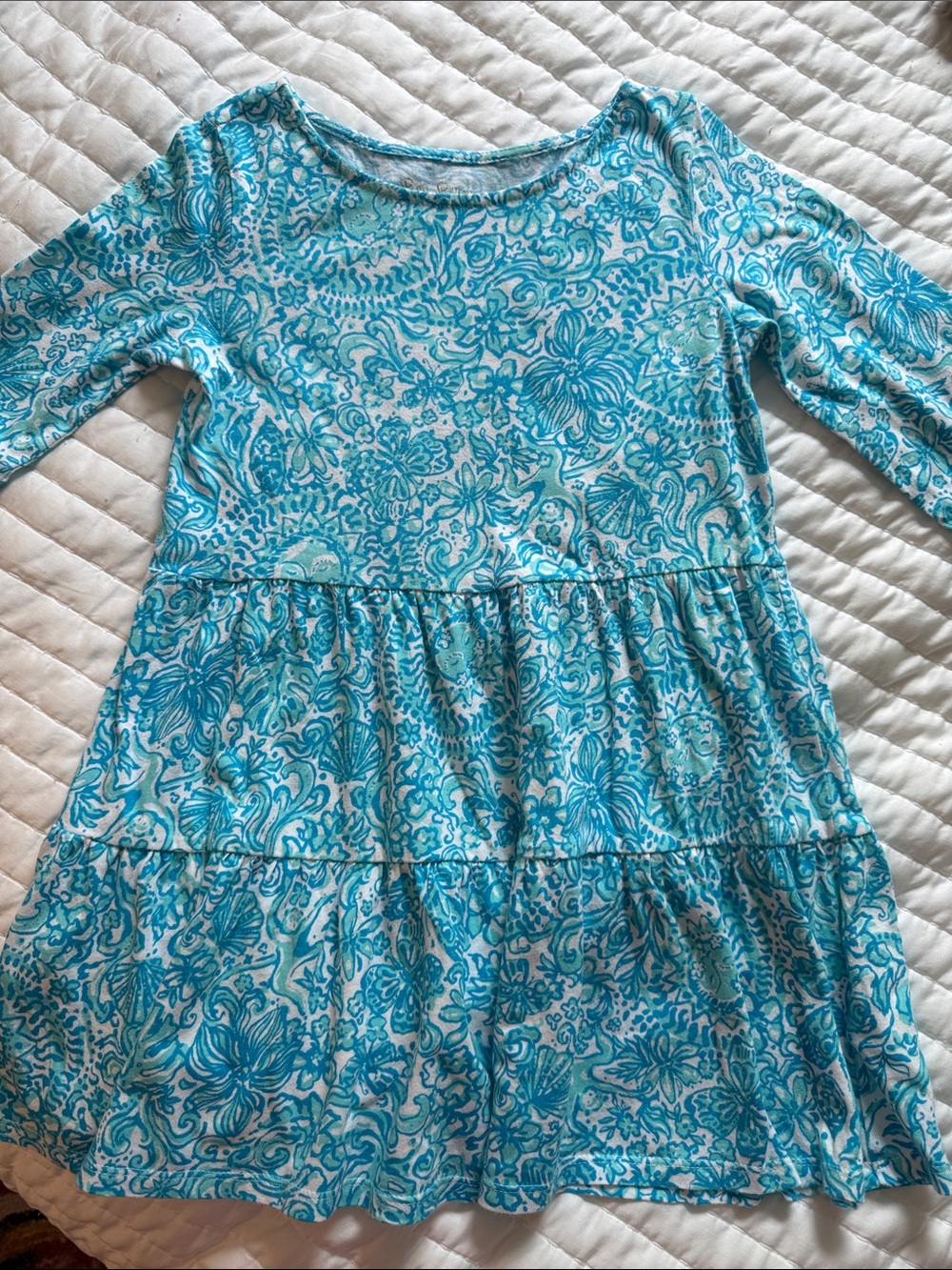 Lilly Pulitzer Girls Teal & White Floral Tiered Dress
